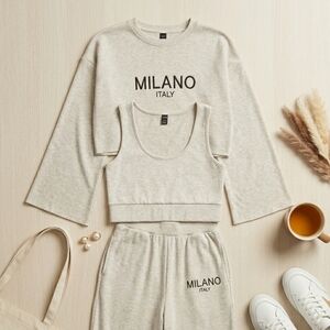 SHEIN XL Milano Italy 3 Piece Loungewear Set Wide Leg Heather Cream